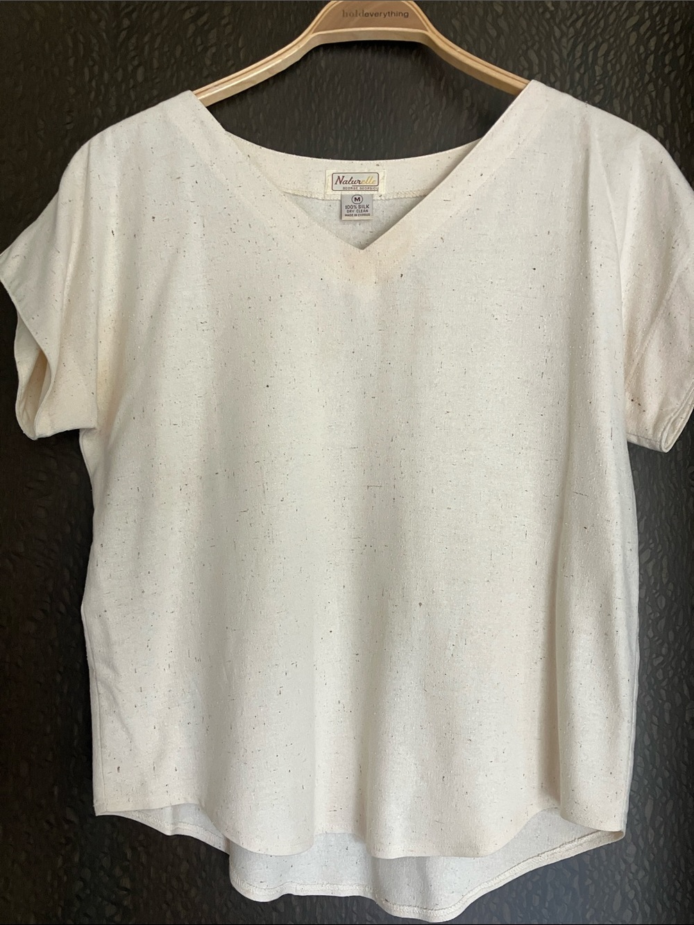 NATURELLE Vintage Raw Silk V-Neck Short Sleeve Blouse Cream Natural Size M